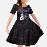 New Zealand Aotearoa Family Matching Short Sleeve Bodycon Dress and Hawaiian Shirt Maori Manaia Paua Shell Glitter Purple LT05 Daughter's Dress Purple - Polynesian Pride
