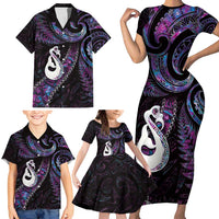 New Zealand Aotearoa Family Matching Short Sleeve Bodycon Dress and Hawaiian Shirt Maori Manaia Paua Shell Glitter Purple LT05 - Polynesian Pride