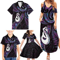 New Zealand Aotearoa Family Matching Summer Maxi Dress and Hawaiian Shirt Maori Manaia Paua Shell Glitter Purple LT05 - Polynesian Pride