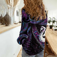 New Zealand Aotearoa Women Casual Shirt Maori Manaia Paua Shell Glitter Purple