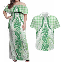 Aloha Hawaii Palaka Couples Matching Off Shoulder Maxi Dress and Hawaiian Shirt Green Plumeria Lei LT05 Green - Polynesian Pride