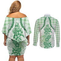 Aloha Hawaii Palaka Couples Matching Off Shoulder Short Dress and Long Sleeve Button Shirt Green Plumeria Lei - Polynesian Pride