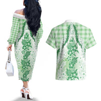 Aloha Hawaii Palaka Couples Matching Off The Shoulder Long Sleeve Dress and Hawaiian Shirt Green Plumeria Lei - Polynesian Pride
