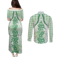 Aloha Hawaii Palaka Couples Matching Puletasi and Long Sleeve Button Shirt Green Plumeria Lei - Polynesian Pride
