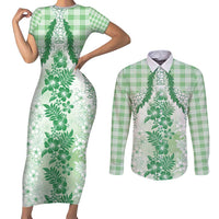 Aloha Hawaii Palaka Couples Matching Short Sleeve Bodycon Dress and Long Sleeve Button Shirt Green Plumeria Lei LT05 Green - Polynesian Pride