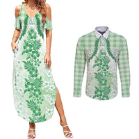 Aloha Hawaii Palaka Couples Matching Summer Maxi Dress and Long Sleeve Button Shirt Green Plumeria Lei - Polynesian Pride