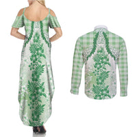 Aloha Hawaii Palaka Couples Matching Summer Maxi Dress and Long Sleeve Button Shirt Green Plumeria Lei - Polynesian Pride