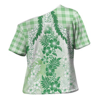 Aloha Hawaii Palaka Cross Shoulder Shirt Green Plumeria Lei - Polynesian Pride