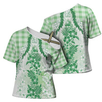 Aloha Hawaii Palaka Cross Shoulder Shirt Green Plumeria Lei - Polynesian Pride