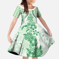 Aloha Hawaii Palaka Family Matching Mermaid Dress and Hawaiian Shirt Green Plumeria Lei LT05 Daughter's Dress Green - Polynesian Pride