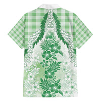 Aloha Hawaii Palaka Family Matching Off The Shoulder Long Sleeve Dress and Hawaiian Shirt Green Plumeria Lei - Polynesian Pride