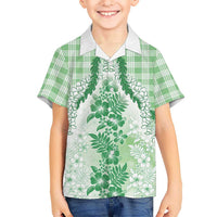 Aloha Hawaii Palaka Family Matching Off The Shoulder Long Sleeve Dress and Hawaiian Shirt Green Plumeria Lei LT05 Son's Shirt Green - Polynesian Pride