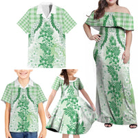 Aloha Hawaii Palaka Family Matching Off Shoulder Maxi Dress and Hawaiian Shirt Green Plumeria Lei LT05 - Polynesian Pride