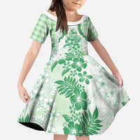 Aloha Hawaii Palaka Family Matching Off Shoulder Short Dress and Hawaiian Shirt Green Plumeria Lei LT05 Daughter's Dress Green - Polynesian Pride