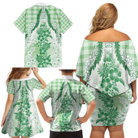 Aloha Hawaii Palaka Family Matching Off Shoulder Short Dress and Hawaiian Shirt Green Plumeria Lei LT05 - Polynesian Pride