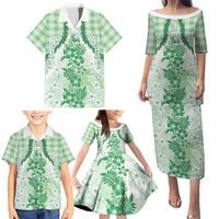 Aloha Hawaii Palaka Family Matching Puletasi and Hawaiian Shirt Green Plumeria Lei - Polynesian Pride