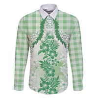 Aloha Hawaii Palaka Family Matching Short Sleeve Bodycon Dress and Hawaiian Shirt Green Plumeria Lei LT05 Dad's Shirt - Long Sleeve Green - Polynesian Pride