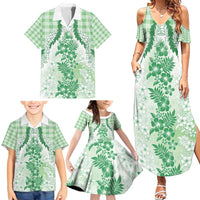 Aloha Hawaii Palaka Family Matching Summer Maxi Dress and Hawaiian Shirt Green Plumeria Lei - Polynesian Pride