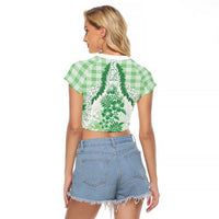 Aloha Hawaii Palaka Raglan Cropped T Shirt Green Plumeria Lei - Polynesian Pride
