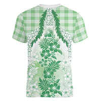 Aloha Hawaii Palaka Women V-Neck T-Shirt Green Plumeria Lei LT05 - Polynesian Pride