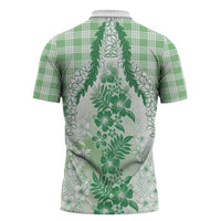 Aloha Hawaii Palaka Zipper Polo Shirt Green Plumeria Lei - Polynesian Pride