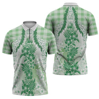 Aloha Hawaii Palaka Zipper Polo Shirt Green Plumeria Lei - Polynesian Pride