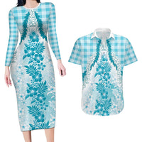 Aloha Hawaii Palaka Couples Matching Long Sleeve Bodycon Dress and Hawaiian Shirt Blue Plumeria Lei LT05 Blue - Polynesian Pride