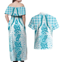 Aloha Hawaii Palaka Couples Matching Off Shoulder Maxi Dress and Hawaiian Shirt Blue Plumeria Lei LT05 - Polynesian Pride