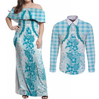 Aloha Hawaii Palaka Couples Matching Off Shoulder Maxi Dress and Long Sleeve Button Shirt Blue Plumeria Lei - Polynesian Pride