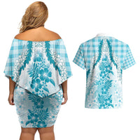 Aloha Hawaii Palaka Couples Matching Off Shoulder Short Dress and Hawaiian Shirt Blue Plumeria Lei LT05 - Polynesian Pride