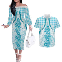 Aloha Hawaii Palaka Couples Matching Off The Shoulder Long Sleeve Dress and Hawaiian Shirt Blue Plumeria Lei - Polynesian Pride