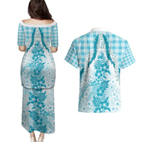 Aloha Hawaii Palaka Couples Matching Puletasi and Hawaiian Shirt Blue Plumeria Lei LT05 - Polynesian Pride