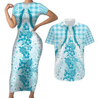 Aloha Hawaii Palaka Couples Matching Short Sleeve Bodycon Dress and Hawaiian Shirt Blue Plumeria Lei - Polynesian Pride