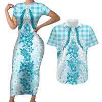 Aloha Hawaii Palaka Couples Matching Short Sleeve Bodycon Dress and Hawaiian Shirt Blue Plumeria Lei LT05 Blue - Polynesian Pride