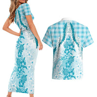 Aloha Hawaii Palaka Couples Matching Short Sleeve Bodycon Dress and Hawaiian Shirt Blue Plumeria Lei LT05 - Polynesian Pride
