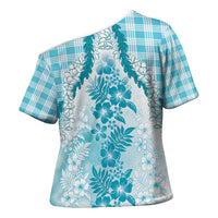 Aloha Hawaii Palaka Cross Shoulder Shirt Blue Plumeria Lei - Polynesian Pride