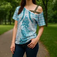 Aloha Hawaii Palaka Cross Shoulder Shirt Blue Plumeria Lei - Polynesian Pride