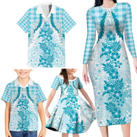 Aloha Hawaii Palaka Family Matching Long Sleeve Bodycon Dress and Hawaiian Shirt Blue Plumeria Lei - Polynesian Pride