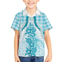 Aloha Hawaii Palaka Family Matching Long Sleeve Bodycon Dress and Hawaiian Shirt Blue Plumeria Lei LT05 Son's Shirt Blue - Polynesian Pride