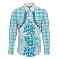 Aloha Hawaii Palaka Family Matching Mermaid Dress and Hawaiian Shirt Blue Plumeria Lei LT05 Dad's Shirt - Long Sleeve Blue - Polynesian Pride