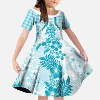 Aloha Hawaii Palaka Family Matching Off The Shoulder Long Sleeve Dress and Hawaiian Shirt Blue Plumeria Lei LT05 Daughter's Dress Blue - Polynesian Pride