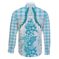 Aloha Hawaii Palaka Family Matching Off The Shoulder Long Sleeve Dress and Hawaiian Shirt Blue Plumeria Lei LT05 - Polynesian Pride