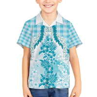 Aloha Hawaii Palaka Family Matching Off The Shoulder Long Sleeve Dress and Hawaiian Shirt Blue Plumeria Lei LT05 Son's Shirt Blue - Polynesian Pride