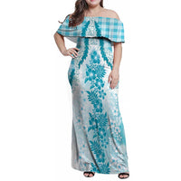 Aloha Hawaii Palaka Family Matching Off Shoulder Maxi Dress and Hawaiian Shirt Blue Plumeria Lei - Polynesian Pride