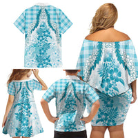 Aloha Hawaii Palaka Family Matching Off Shoulder Short Dress and Hawaiian Shirt Blue Plumeria Lei - Polynesian Pride