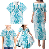 Aloha Hawaii Palaka Family Matching Puletasi and Hawaiian Shirt Blue Plumeria Lei - Polynesian Pride