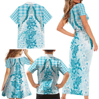 Aloha Hawaii Palaka Family Matching Short Sleeve Bodycon Dress and Hawaiian Shirt Blue Plumeria Lei LT05 - Polynesian Pride