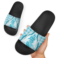 Aloha Hawaii Palaka Slide Sandals Blue Plumeria Lei - Polynesian Pride