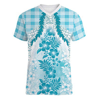 Aloha Hawaii Palaka Women V-Neck T-Shirt Blue Plumeria Lei LT05 Female Blue - Polynesian Pride