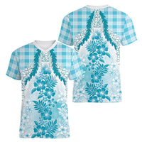 Aloha Hawaii Palaka Women V-Neck T-Shirt Blue Plumeria Lei LT05 - Polynesian Pride